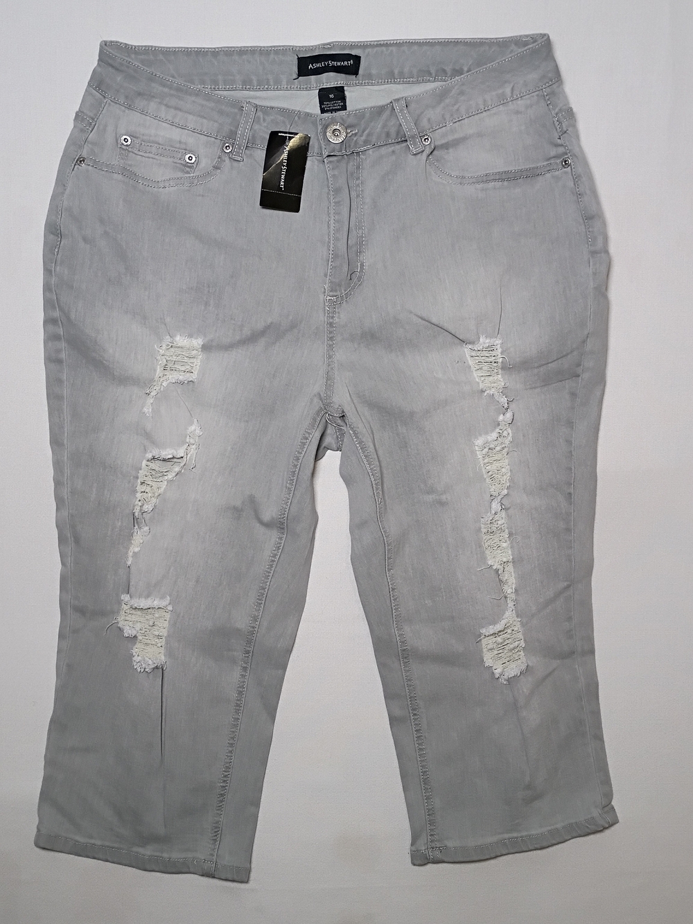 Ashley Stewart Indestruct Distressed Cropped Jeans Size 16 Gray Denim 34X18 NWT